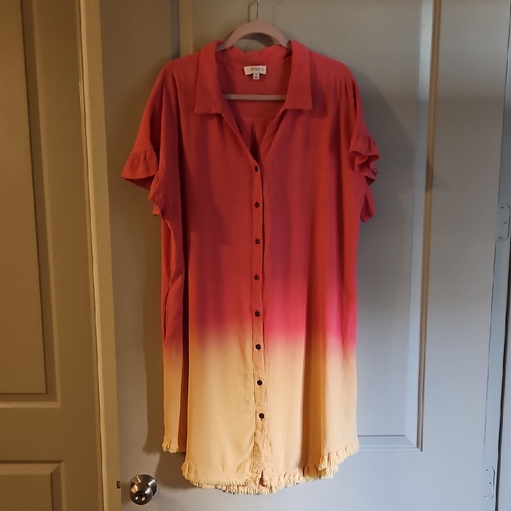 Umgee Coral And Yellow Summer Shirt Dress XL